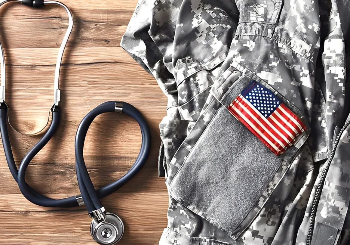 Military uniform with stethoscope on table.